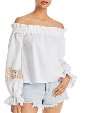 RAMY BROOK Quinn Off the Shoulder Cotton Blouse Embroidered Lace Sleeves Sz S